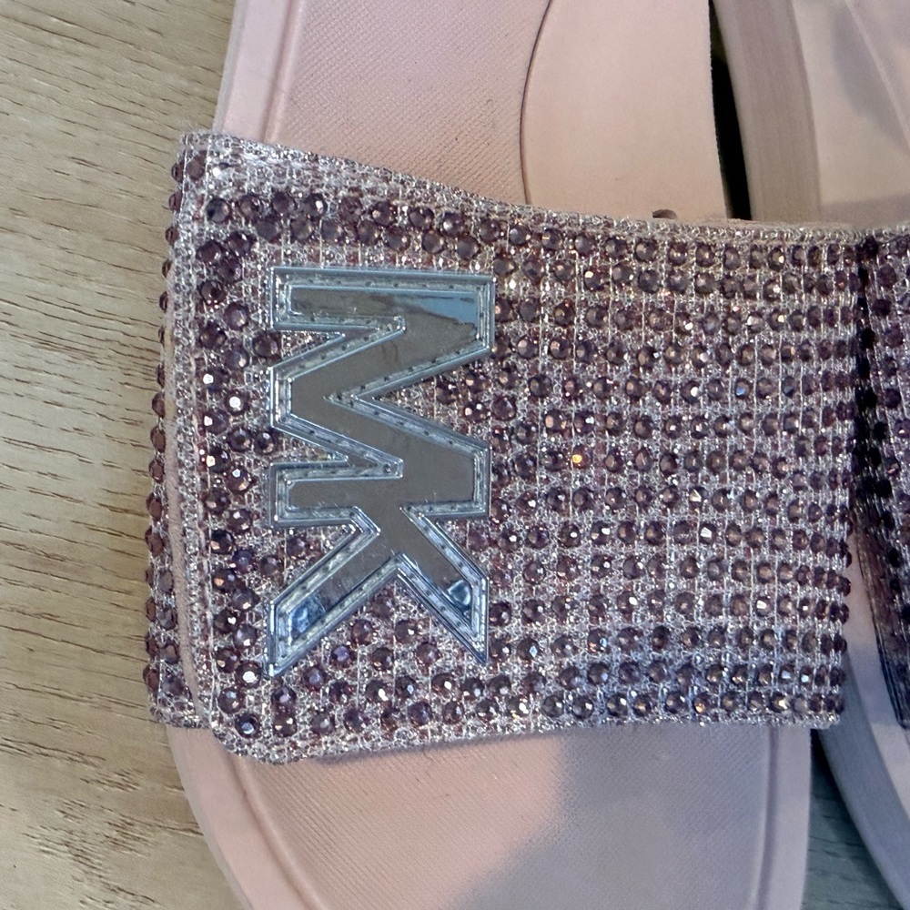 Michael Kors Blush Glitter Slide Sandals Logo Strap Casual Summer Size 7M - Picture 3 of 6